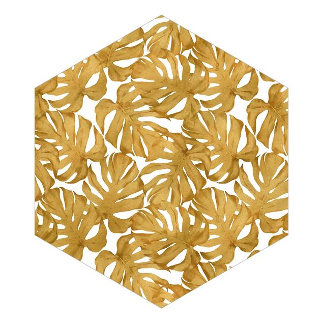 Sześciokątna tapeta samoprzylepna - Akwarela Liście monstery w kolorze złotym