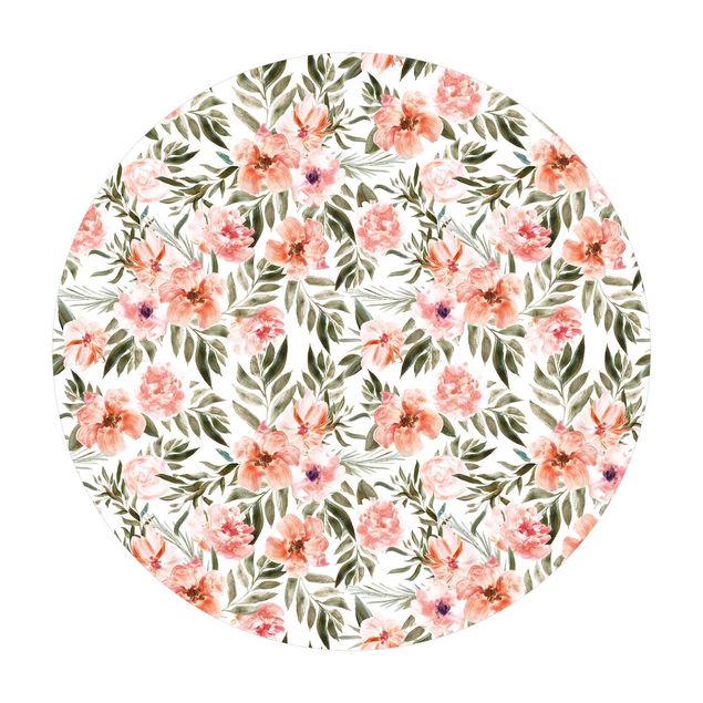Okrągły dywan winylowy - Akwarela Różowe kwiaty na tle białych