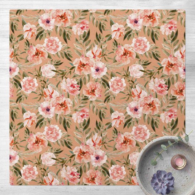 dywany nowoczesne Akwarela Różowe kwiaty na tle białych