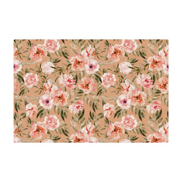 Mata korkowa - Akwarela Różowe kwiaty na tle białych