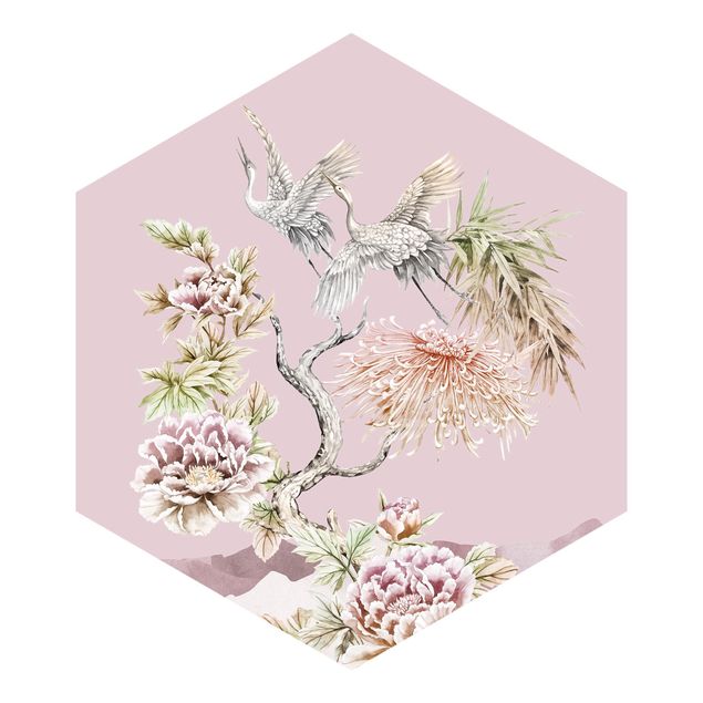 Tapeta ścienna Akwarela Bociany w locie z kwiatami na różowym tle