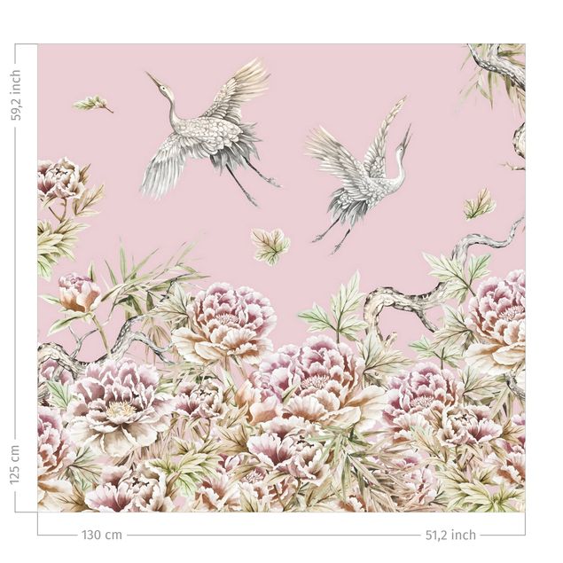 zasłony na wymiar Watercolour Storks In Flight With Roses On Pink