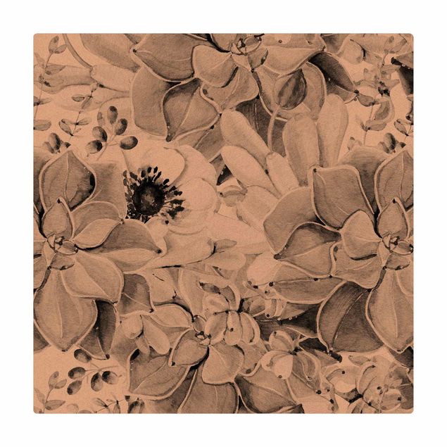 Mata korkowa - Akwarela Sukulent z kwiatem w tonacji czarno-białej