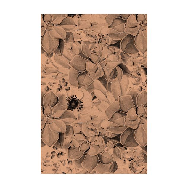 Mata korkowa - Akwarela Sukulent z kwiatem w tonacji czarno-białej