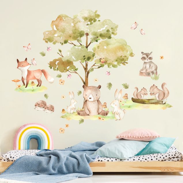 Naklejka na ścianę drzewo Watercolour forest animals and autumn tree