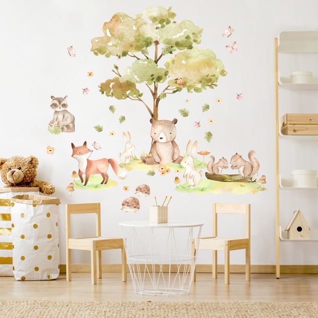 Naklejki na ścianę miś Watercolour forest animals and autumn tree