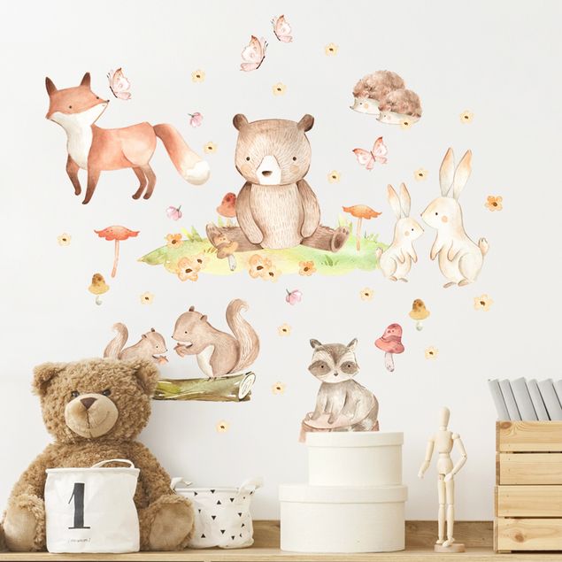 Naklejki na ścianę leśne zwierzęta Watercolour forest animals with butterflies and flowers