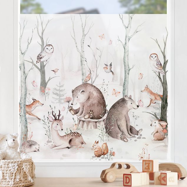 Folia okienna do sypialni Akwarela przyjaciele zwierząt leśnych