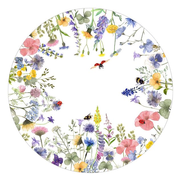 Okrągła tapeta samoprzylepna - Akwarelowe kwiaty z biedronkami