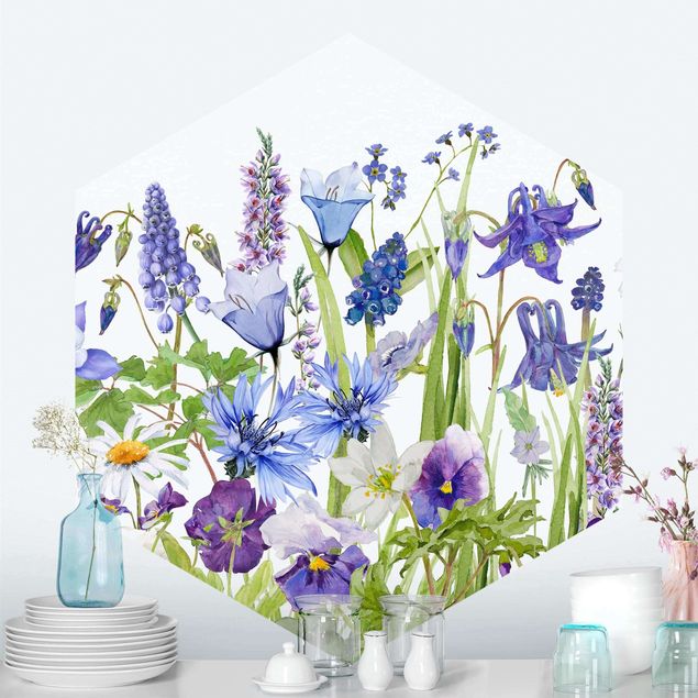 Dekoracja do kuchni Akwarelowa Łąka kwiatowa w kolorze niebieskim