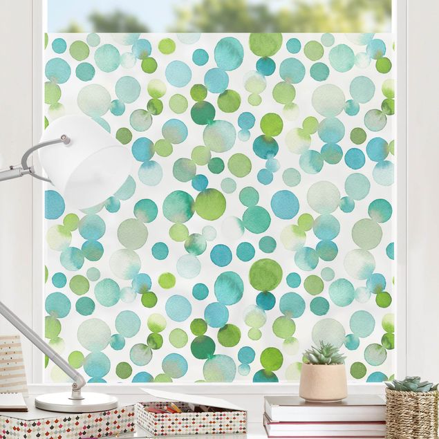 Folia okienna do sypialni Akwarelowe kropki konfetti w kolorze niebiesko-zielonym