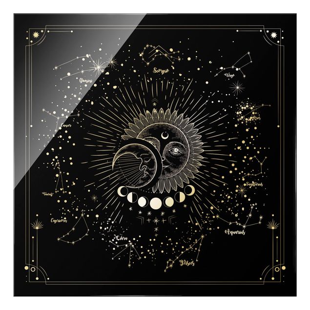 Obraz czarny Astrologia Słońce Księżyc i Gwiazdy Czarny