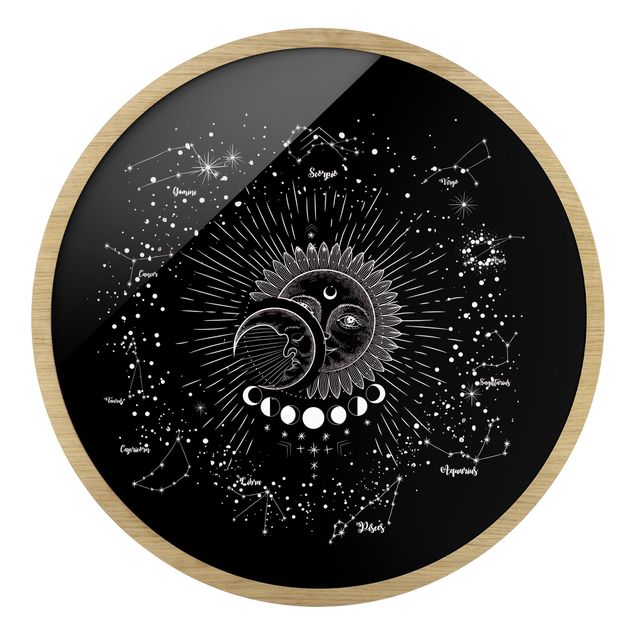 Obrazy w ramie okrągłe Astrology Sun Moon And Stars Black