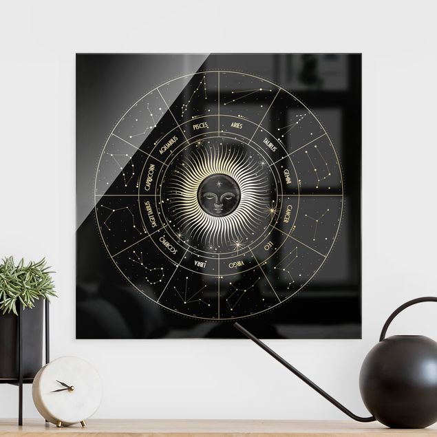 Obrazy na szkle kwadrat Astrologia Słońce Koło Zodiakalne Czarne