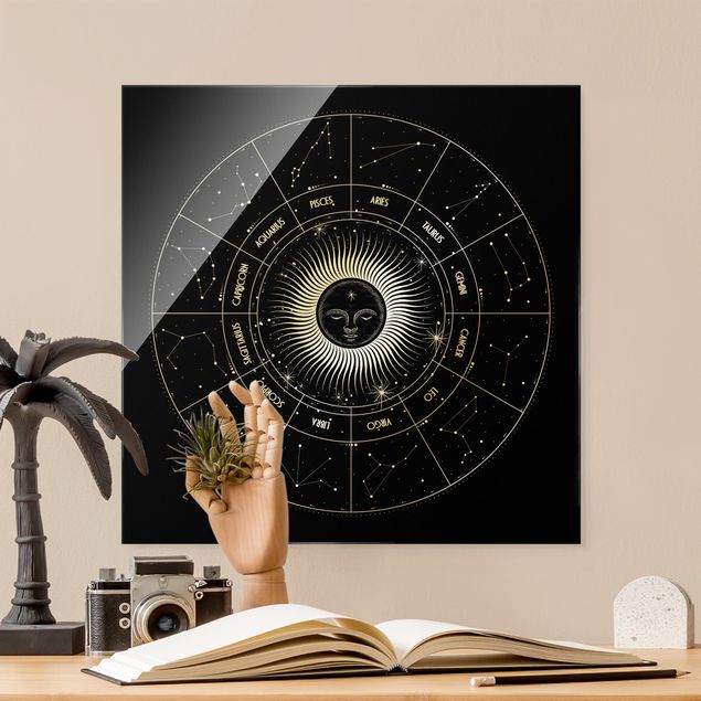 Obrazy na szkle duchowość Astrologia Słońce Koło Zodiakalne Czarne