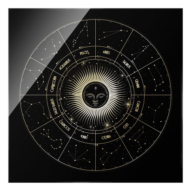 Obraz czarny Astrologia Słońce Koło Zodiakalne Czarne