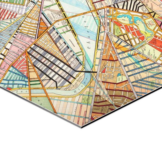 Obraz heksagonalny z Alu-Dibond 3-częściowy - Nowoczesne mapy Boston - Montreal - St.Louis