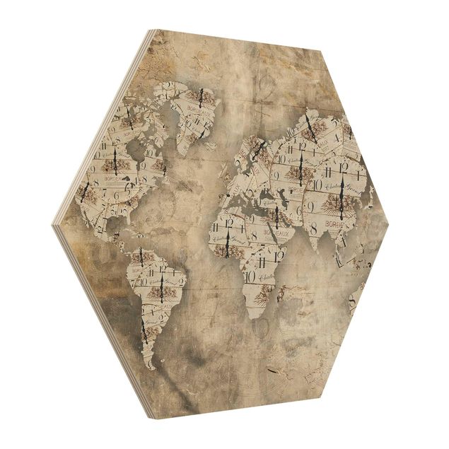 Obraz heksagonalny z drewna - Zegary shabby Mapa świata