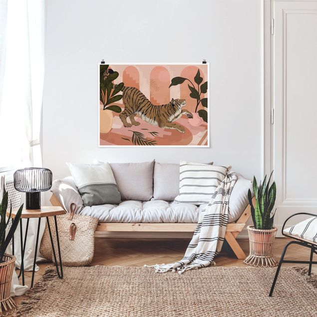 Obrazy nowoczesny Ilustracja tygrysa w pastelowym różowym malarstwie