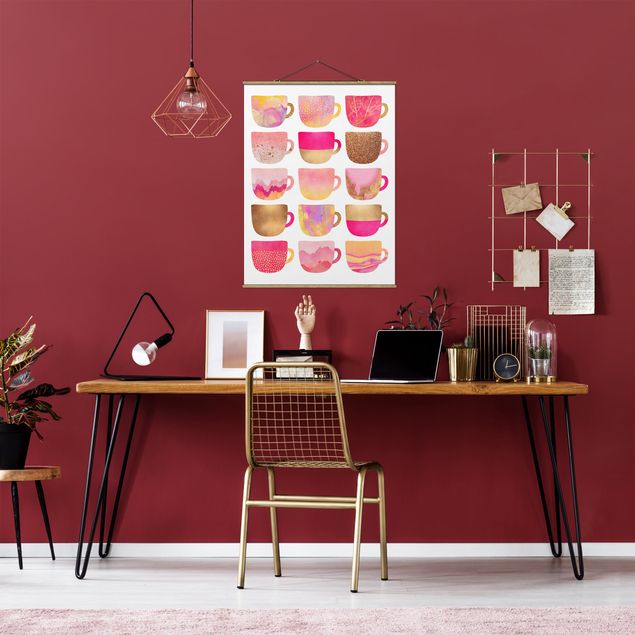 Obrazy z kawą Złote filiżanki z różowym motywem