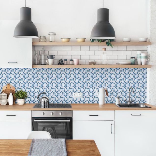 Panel szklany do kuchni Płytki mozaikowe niebiesko-szare