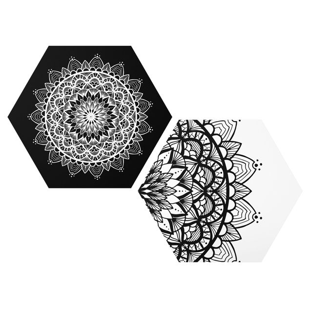 Obraz heksagonalny z Forex 2-częściowy - Mandala Ilustracja shabby Zestaw czarno-biały