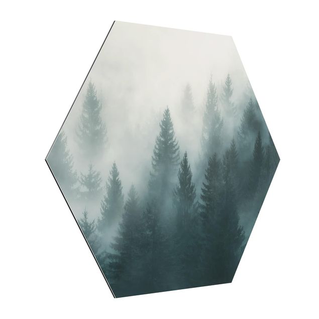Obraz heksagonalny z Alu-Dibond - Las iglasty we mgle