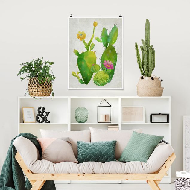 Obrazy do salonu nowoczesne Rodzina kaktusów różowo-żółty