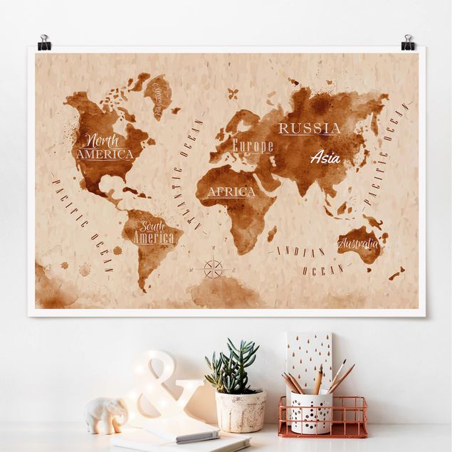 Dekoracja do kuchni Mapa świata akwarela beżowo-brązowa