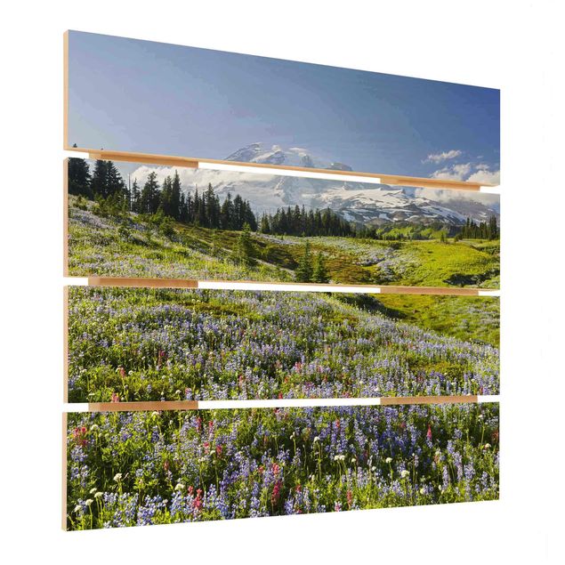 Obraz z drewna - Mountain Meadow With Red Flowers in Front of Mt. Rainier