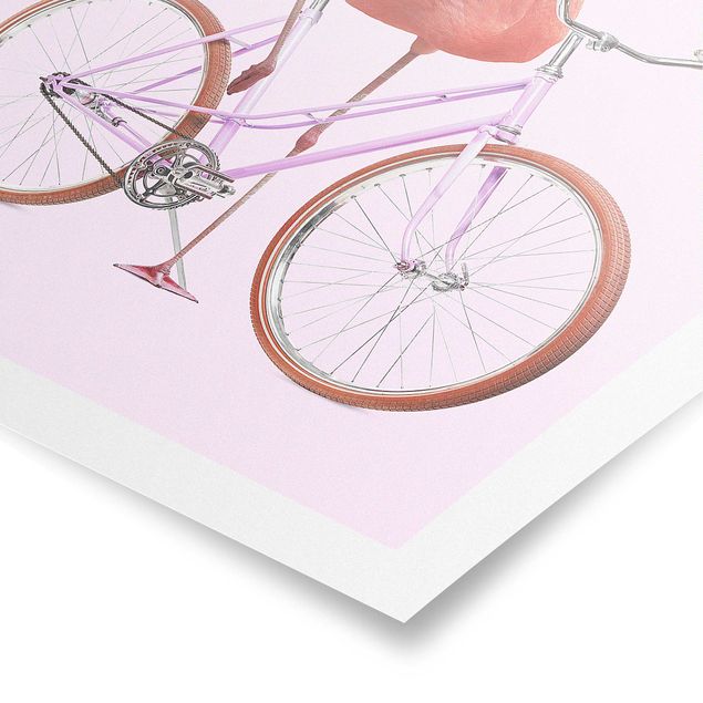 Obraz różowy Flamingo z rowerem