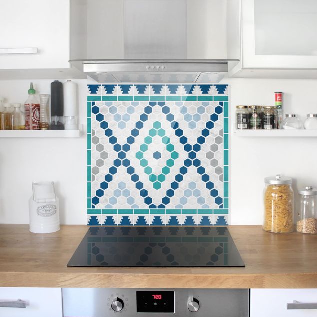 Panele szklane do kuchni Wzór płytek marokańskich turkusowoniebieski