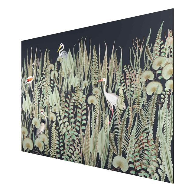 Nowoczesne obrazy Flamingo i bocian z roślinami na zielonym tle