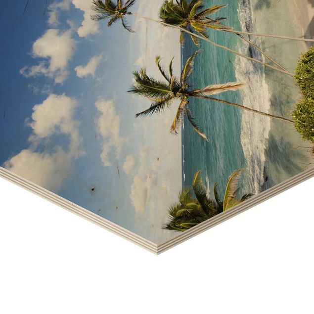 Obraz heksagonalny z drewna - Plaża na Barbadosie