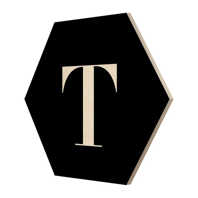 Obraz heksagonalny z drewna - Czarna litera Szeryf T