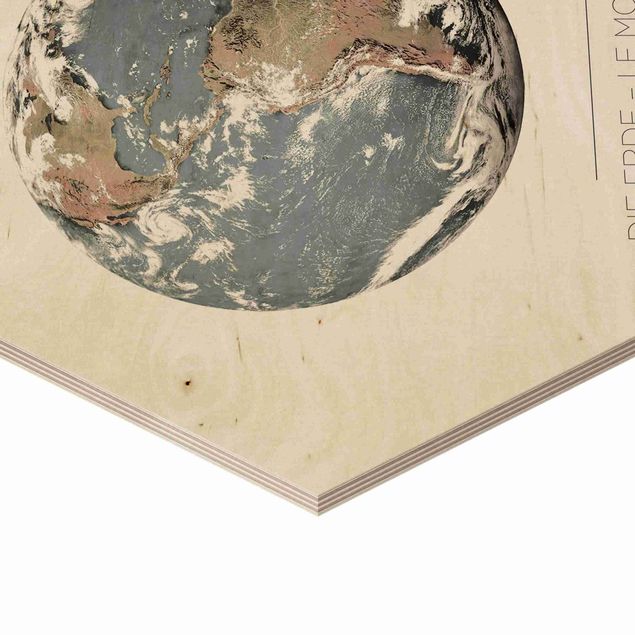 Obraz heksagonalny z drewna 2-częściowy - Księżyc i Ziemia