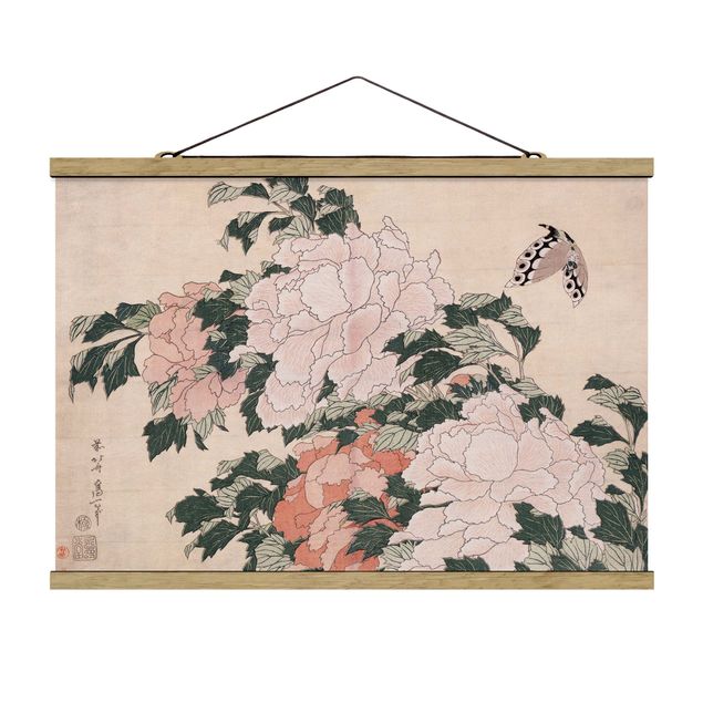 Obraz z motylem Katsushika Hokusai - Różowe piwonie z motylem