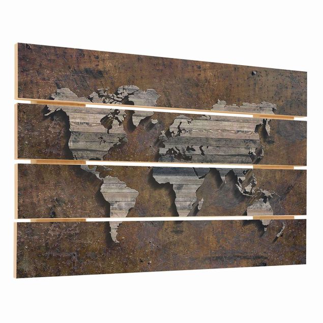 Obraz z drewna - Mapa świata z rdzą drewna