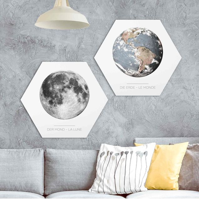 Obraz heksagonalny z Alu-Dibond 2-częściowy - Księżyc i Ziemia