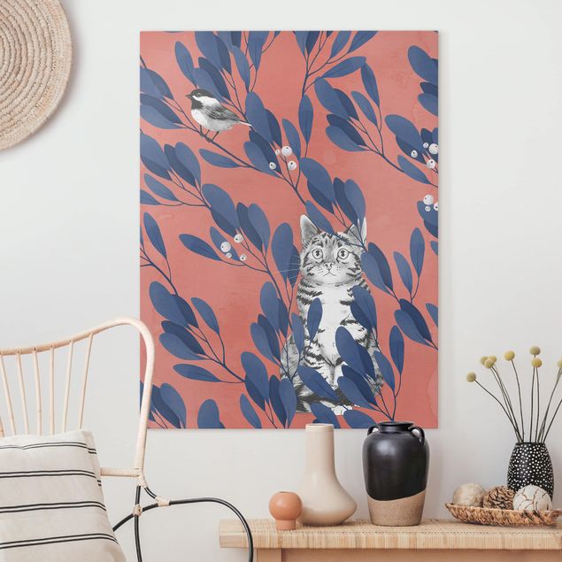 Obraz na płótnie - Ilustracja przedstawiająca kota i ptaka na gałęzi Niebieskoczerwony
