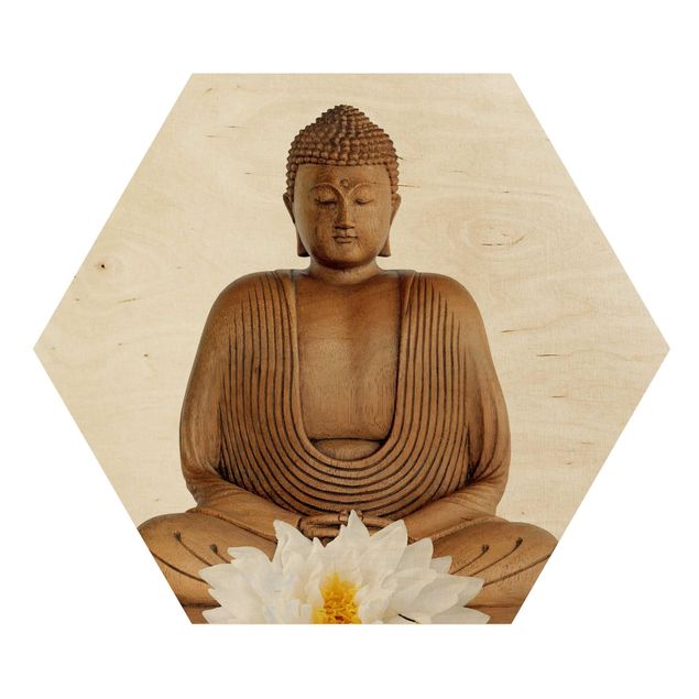 Obraz heksagonalny z drewna - Budda z drewna lotosu