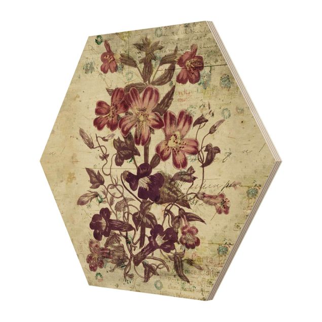 Obraz heksagonalny z drewna - Wzór kwiatowy w stylu vintage
