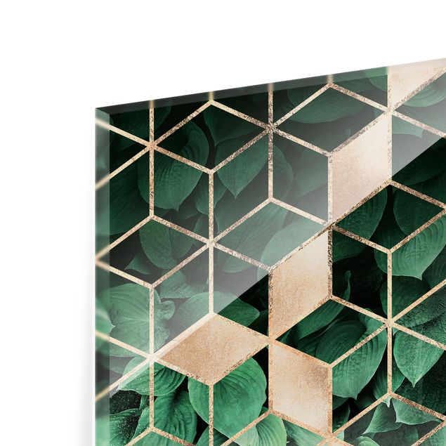 Panel szklany do kuchni - Zielone liście złota geometria