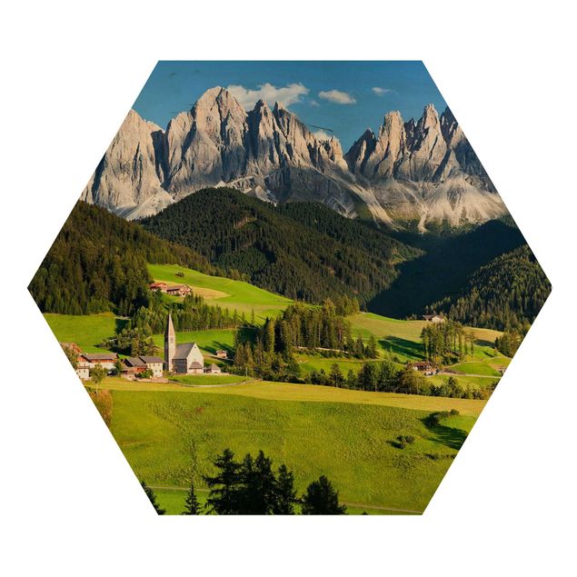 Obraz heksagonalny z drewna - Geislerspitzen w Południowym Tyrolu