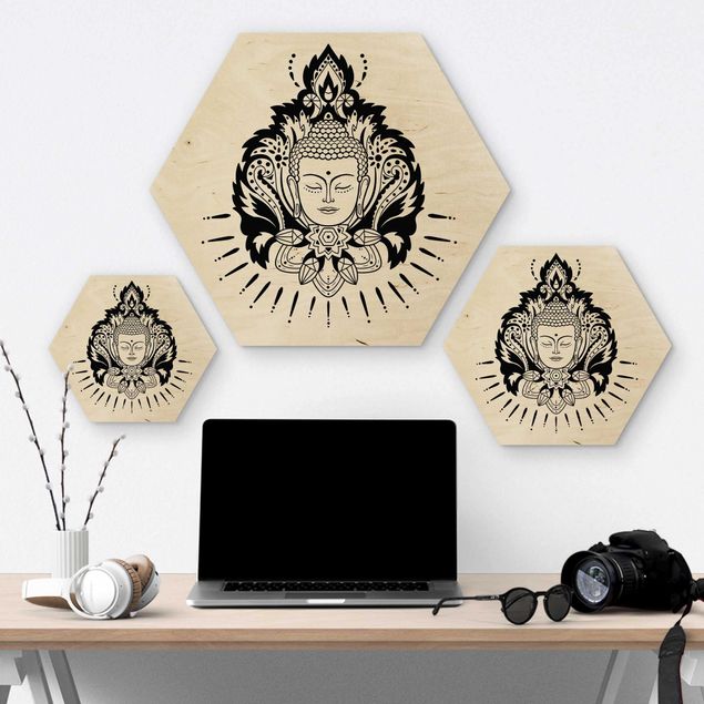 Obraz heksagonalny z drewna - Lotus z Buddą