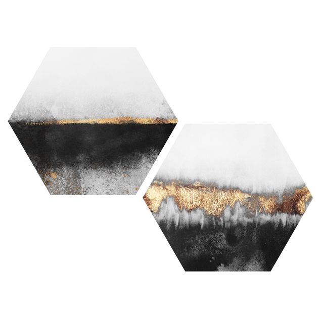 Obraz heksagonalny z Alu-Dibond 2-częściowy - Abstrakcyjne złote horyzonty w akwareli