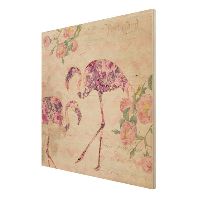 Obrazy Kolaż w stylu vintage - różowe kwiaty, flamingi