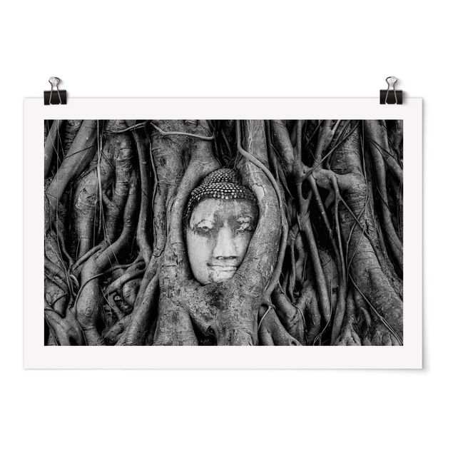 Obrazy nowoczesne Budda w Ayutthaya otoczony korzeniami drzew, czarno-biały