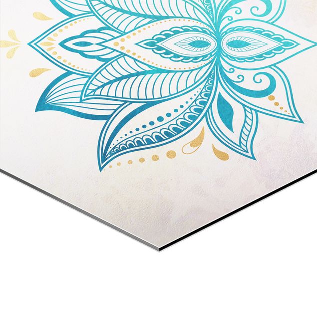 Obraz heksagonalny z Alu-Dibond 3-częściowy - Mandala Hamsa Hand Lotus Set złoty niebieski