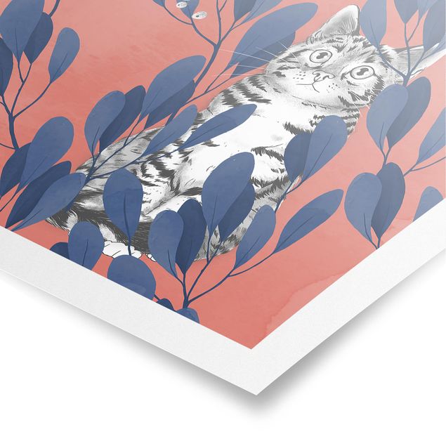 Zwierzęta obrazy Ilustracja przedstawiająca kota i ptaka na gałęzi Niebieskoczerwony
